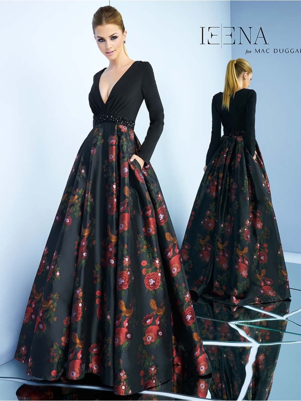 Mac Duggal Black Long Sleeve V-Neck Ball Gown with Red Floral Skirt
